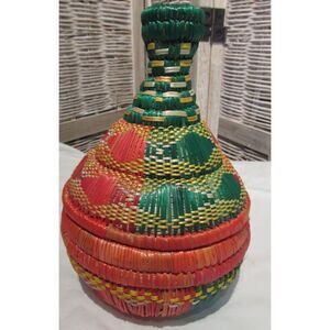 Woven wicker basket jar with lid multicolored art basket storage